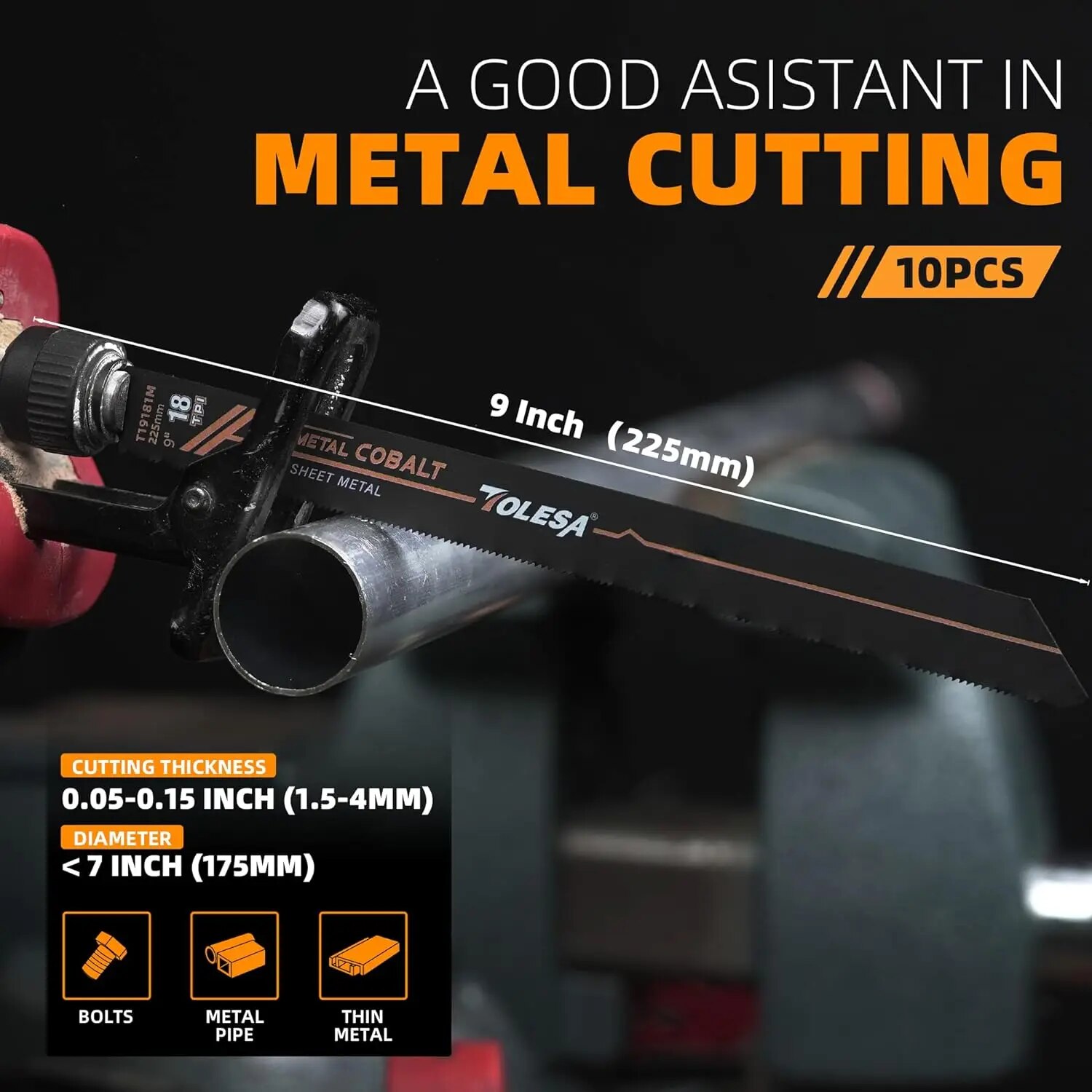 TOLESA 10 Stück Bimetall-Sägeblätter zum Metallschneiden, 150 mm/225 mm, 18 TPI-Säbelsägeblätter mit Kobalt für feines Metallschneiden