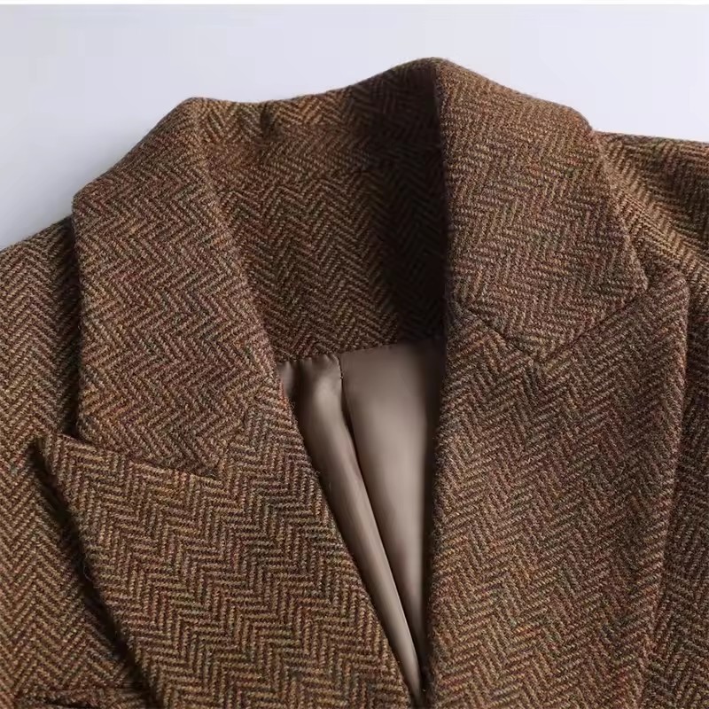 Marrom com cinto uma jaqueta de lã vintage para mulheres outono e inverno 2025 novo popular sazonal temperamento verde superior blazer feminino