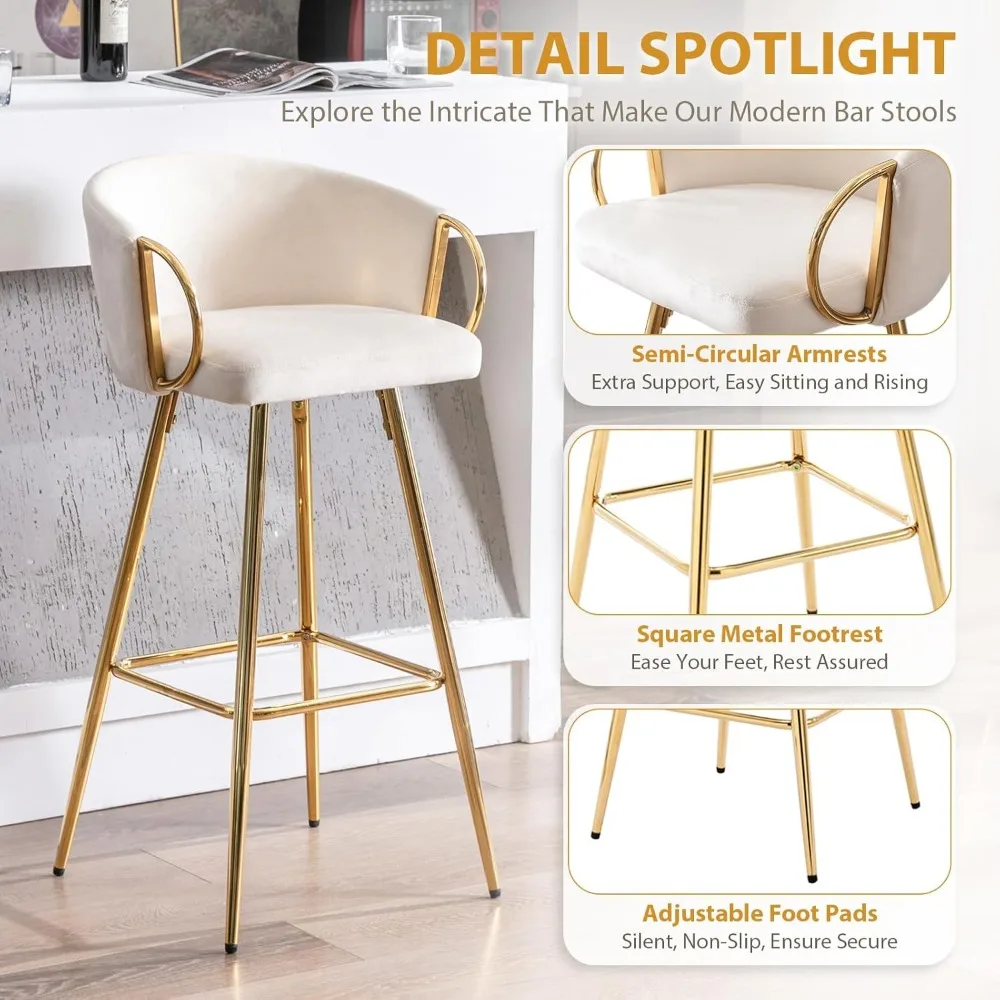 Bar Stool Set 2,30" Counter Height Bar Stool Velvet Low Back Chair with Gold Armrests for Kitchen Island/Family Bar/Dining Area