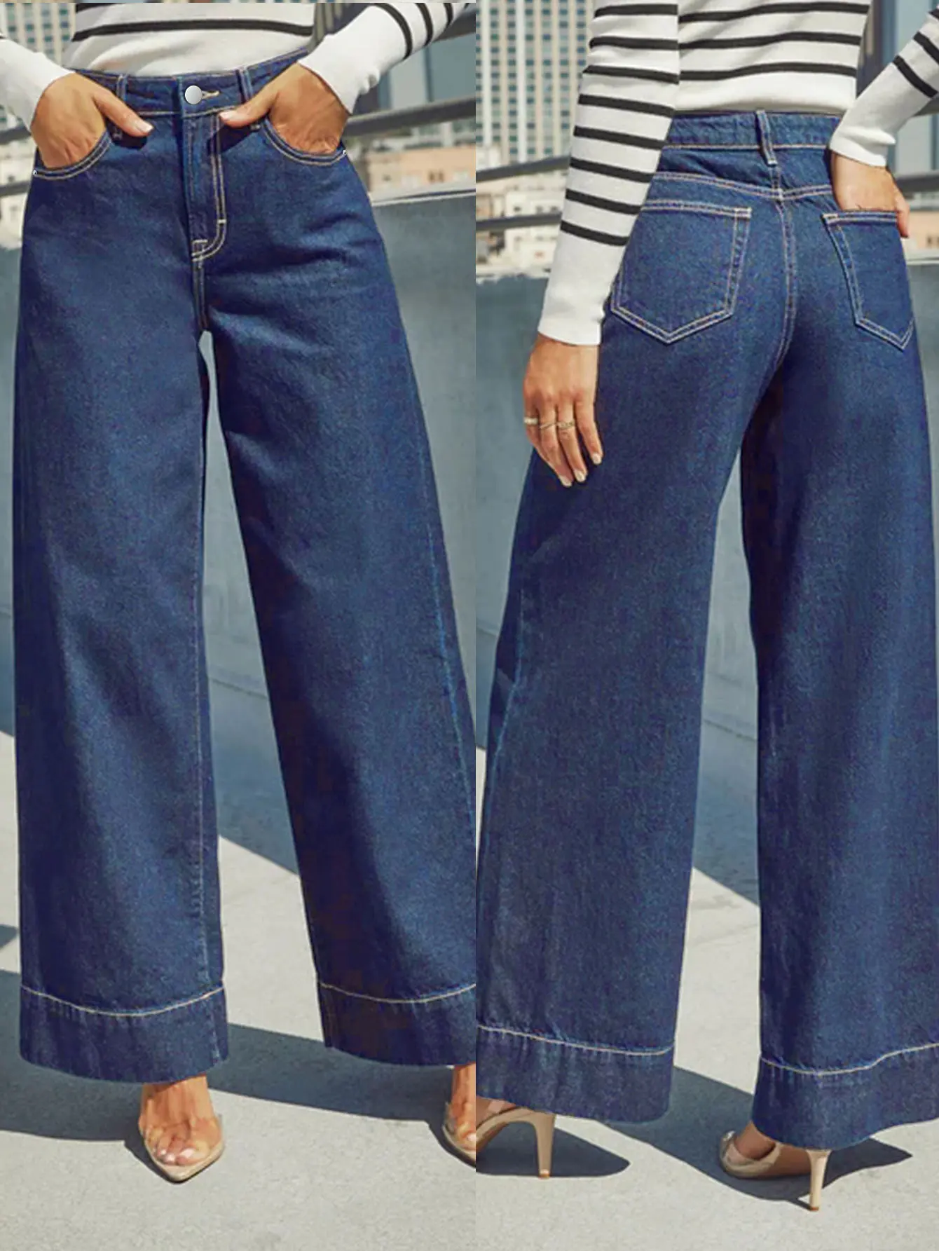 Jeans femininos clássicos azuis de cintura alta com pernas largas – jeans elásticos com botão, macios e confortáveis, jeans de lavagem vintage de ajuste fino