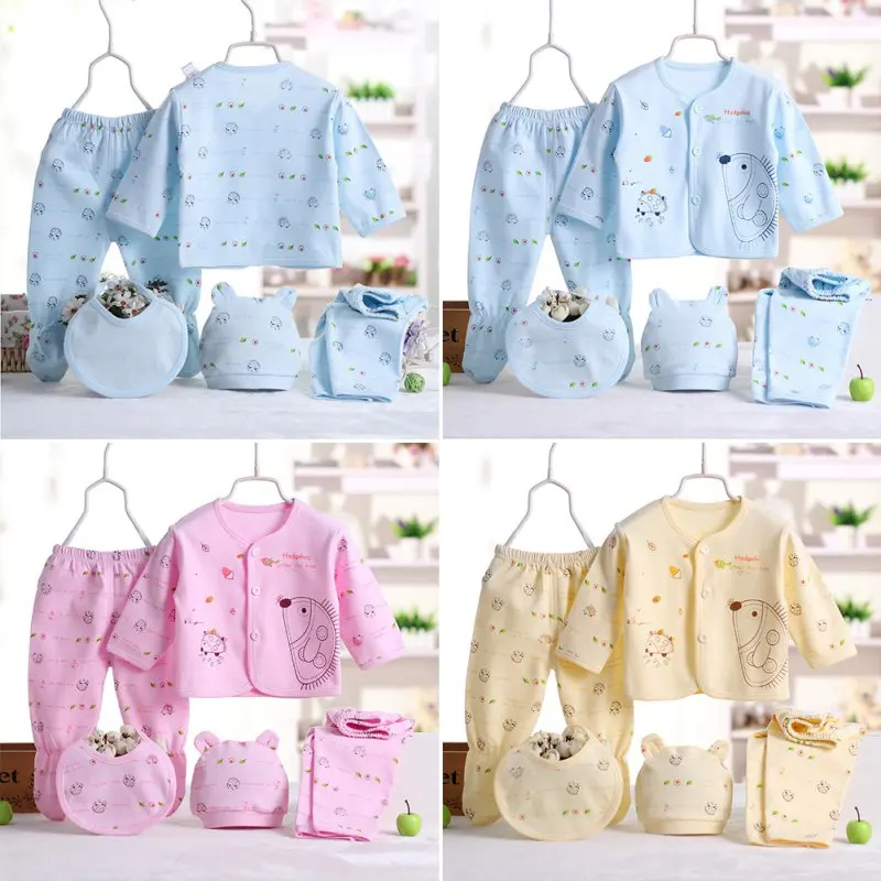 5 ชิ้น/เซ็ตชุดทารกแรกเกิดชุด 2 กางเกงหมวก Bibs 0-3 M ชุดเสื้อผ้าเด็กผู้หญิงเสื้อผ้าผ้าฝ้าย Breathable ชุดชั้นในการ์ตูน