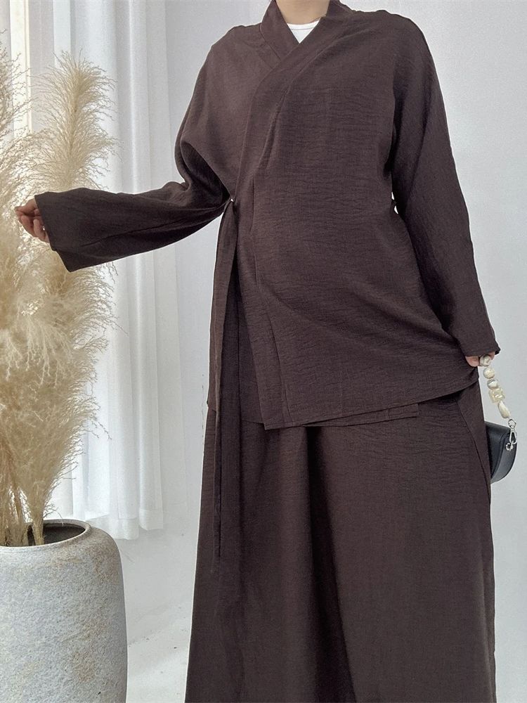 Eid plain 2 peça abaya conjunto topos saia modesto conjuntos muçulmanos abayas para roupas femininas robe caftan marocain femme musulmane kaftan