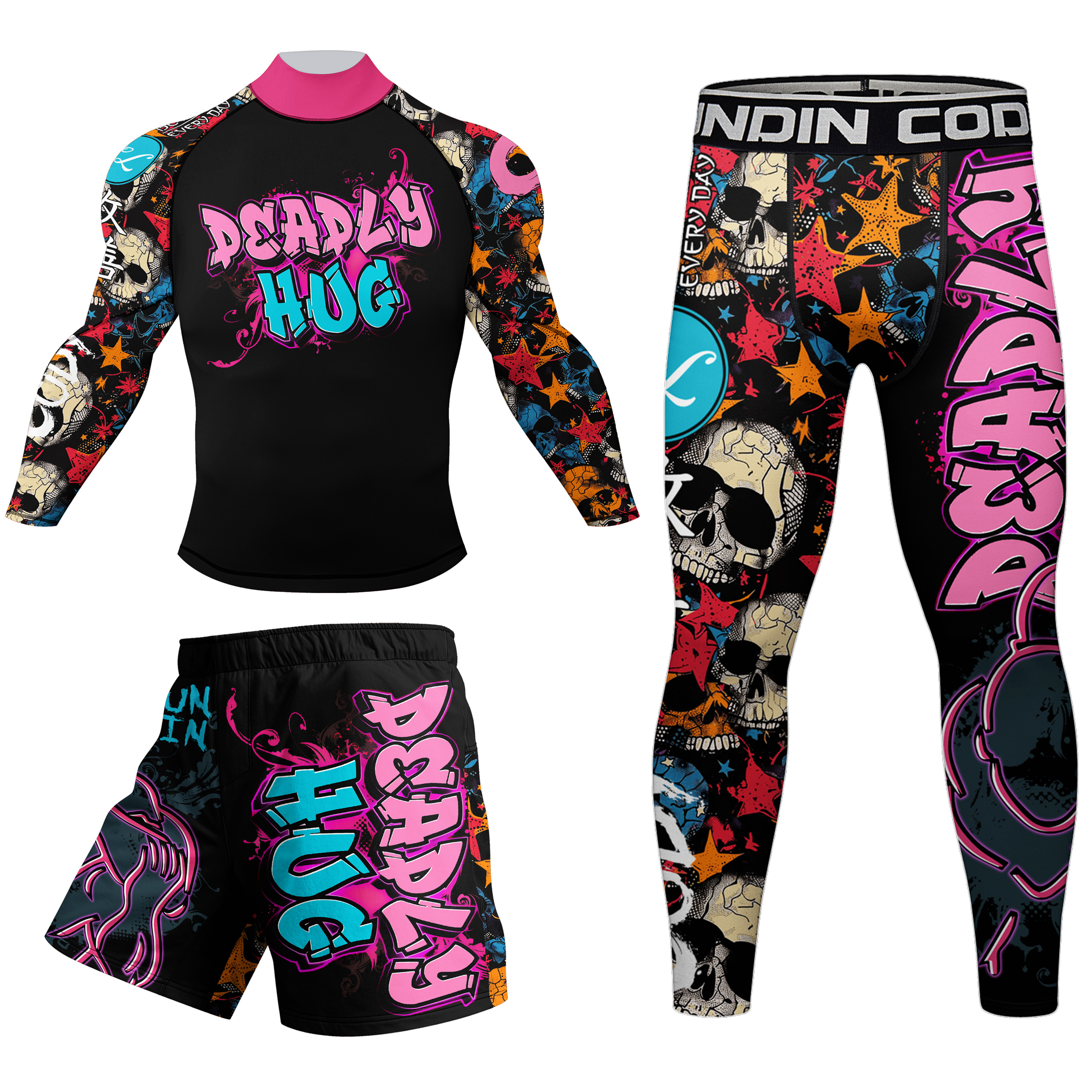 Cody Lundin nowe wzory dostosowane krótkie rękawy poliester rozciągliwe spodenki Rash Guards zestawy MMA BJJ z gumowym paskiem