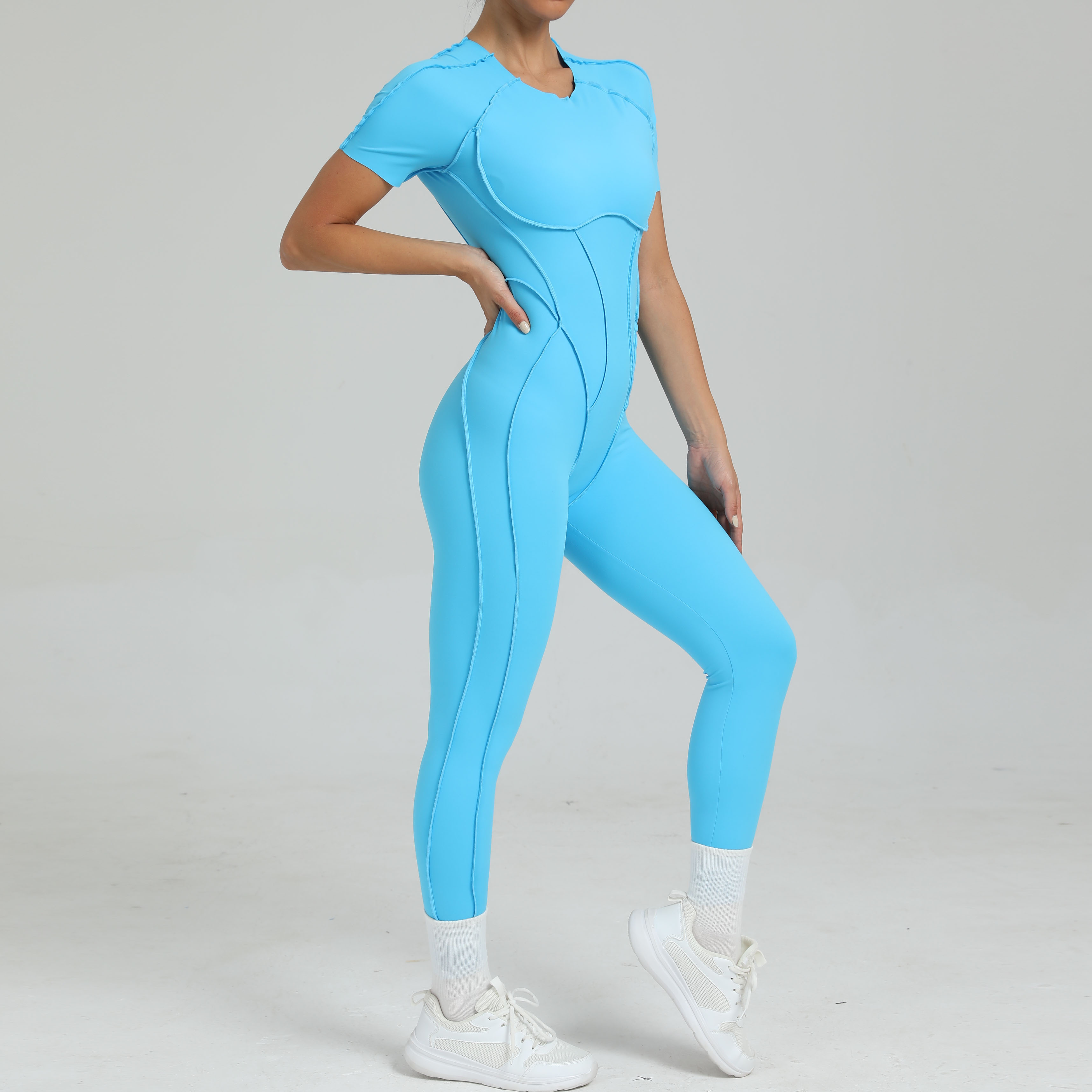 Traje de una pieza para mujer, ropa de entrenamiento de realce de gimnasio de manga corta con cremallera, mono corto de Fitness, ropa deportiva, monos
