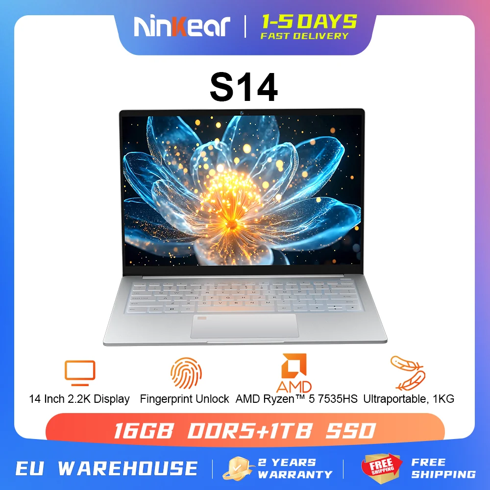 Ninkear S14 Ultra-portatylny Laptop o wadze 1KG, AMD Ryzen 5 7535HS, 14 cali, 2.2K, Windows 11, 16GB LPDDR5, 1TB SSD, Komputer z portem Type-C