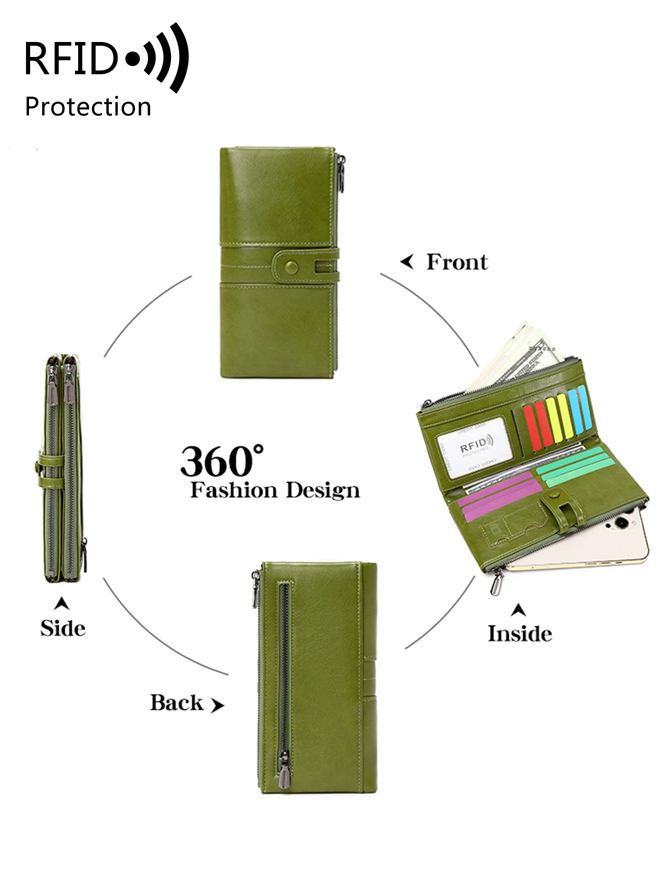 ขายร้อน RFID กระเป๋าสตางค์ยาวผู้หญิงกระเป๋าถือหนัง PU พร้อมช่องใส่การ์ดหลายช่อง, กระเป๋าสตางค์ซิปเหรียญ, กระเป๋าสตางค์มือถือของผู้หญิง