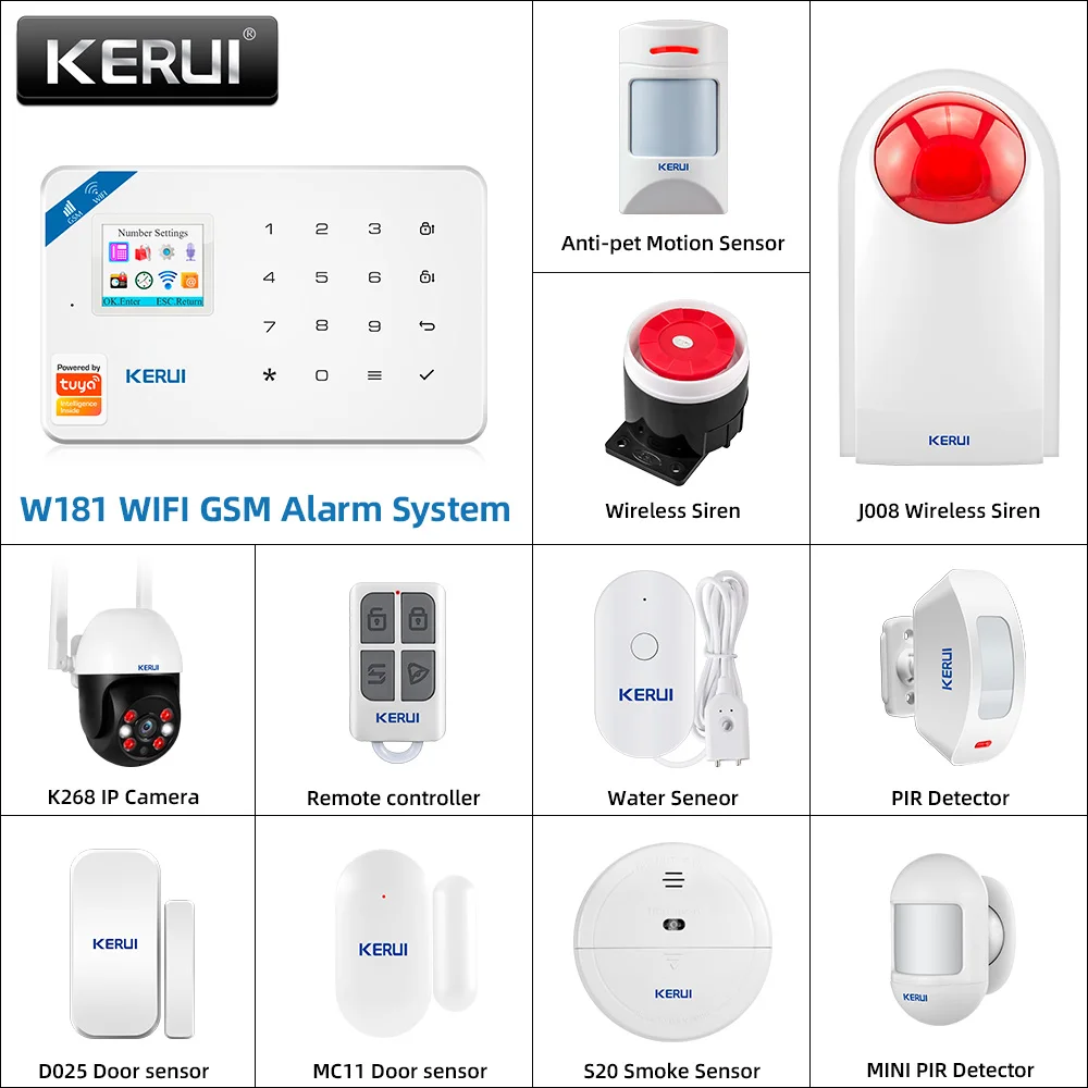 KERUI W181 Alarm System Panel WIFI GSM Alarm for Home Wireless Support Alexa Tuya Smart APP Control with Motion Sensor Siren