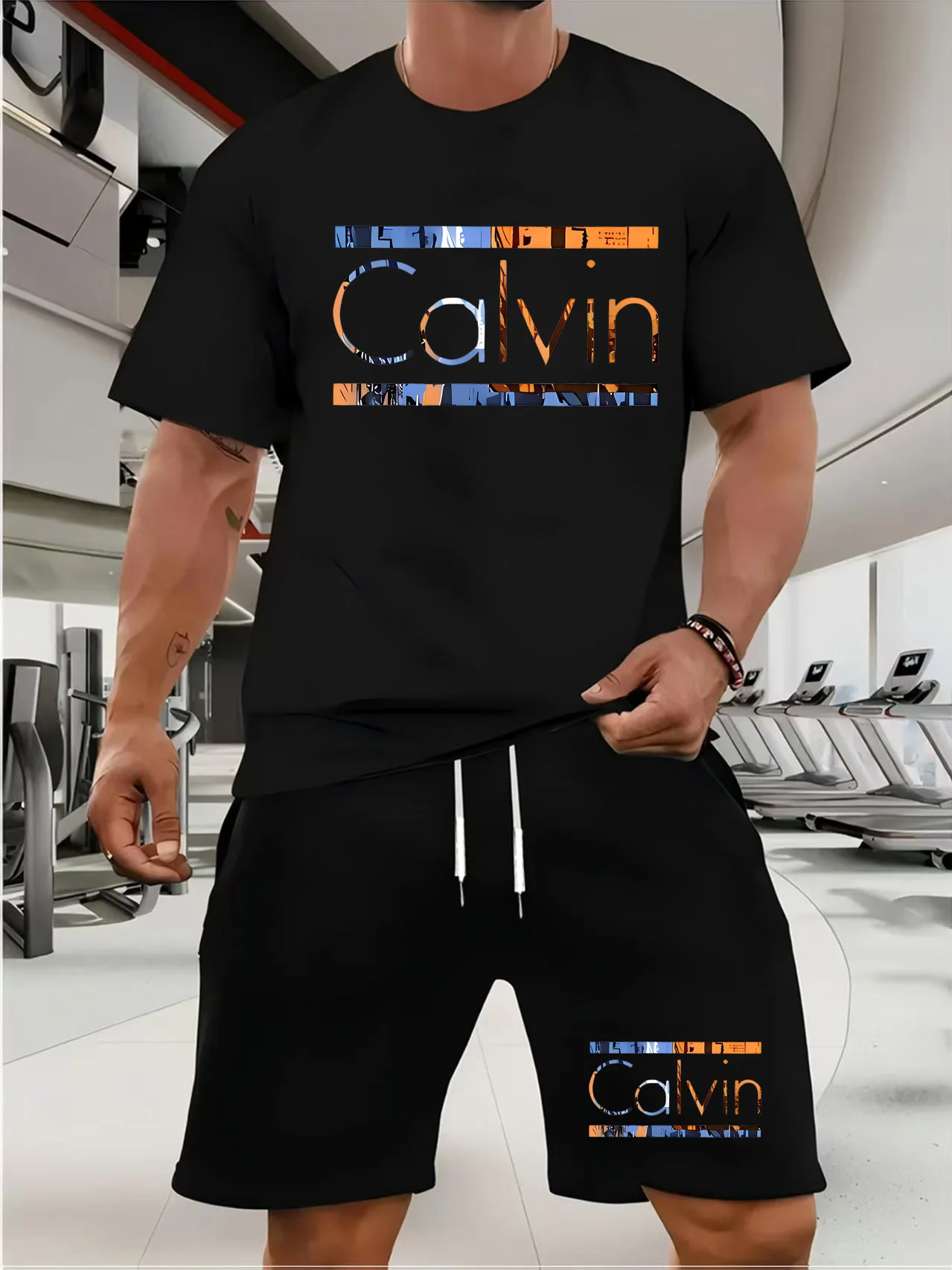 Set aus T-Shirt und Shorts für Herren, Sommer, lässig, locker und modisch, bequemes Kurzarm-T-Shirt mit Rundhalsausschnitt von Calvin mit Buchstabendruck