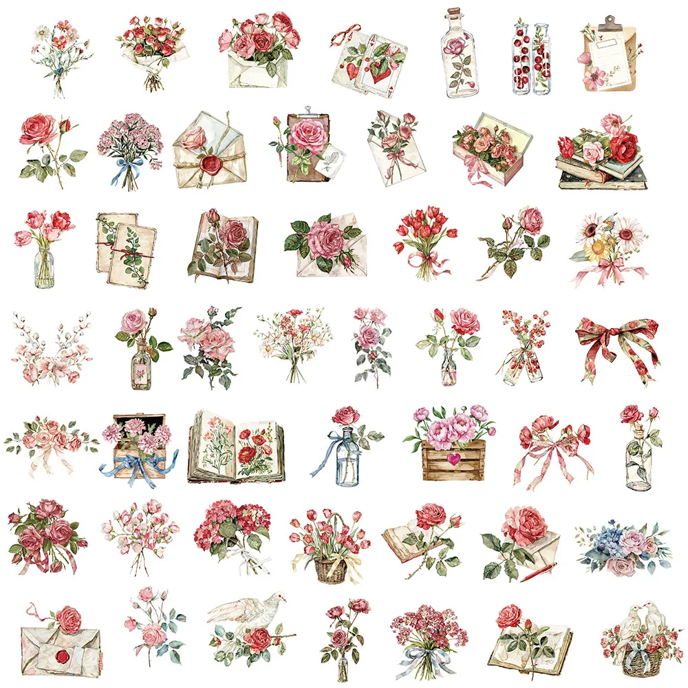 50 pçs pequena flor fresca sala tempo flor e carta flor planta adesivos de plástico material de contabilidade adesivos decorativos