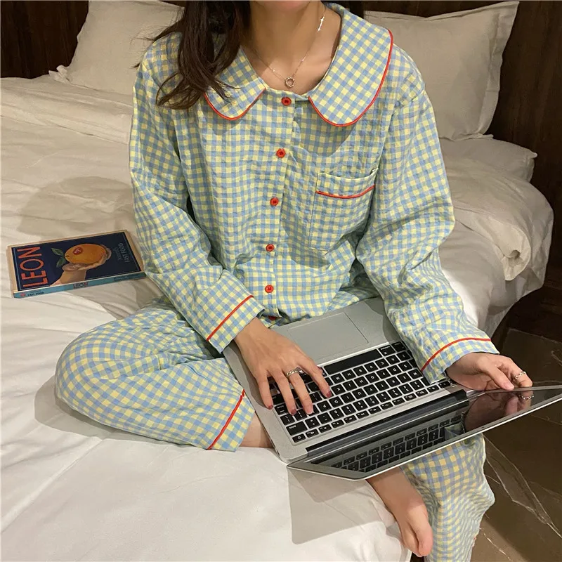 2024 ชุดนอนชุดนอนเกาหลีผู้หญิงฤดูร้อนน่ารักพิมพ์ชุดนอนแขนยาว Pijama หญิงชุด Negligee เสื้อสเวตเตอร์ถัก