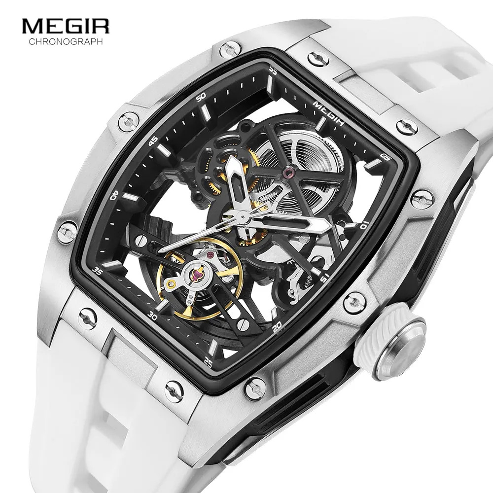 MEGIR 2242 นาฬิกาสําหรับชายแฟชั่นทหารกีฬา Analog นาฬิกาข้อมืออัตโนมัติพร้อมสายซิลิโคนสีขาว Tonneau Dial