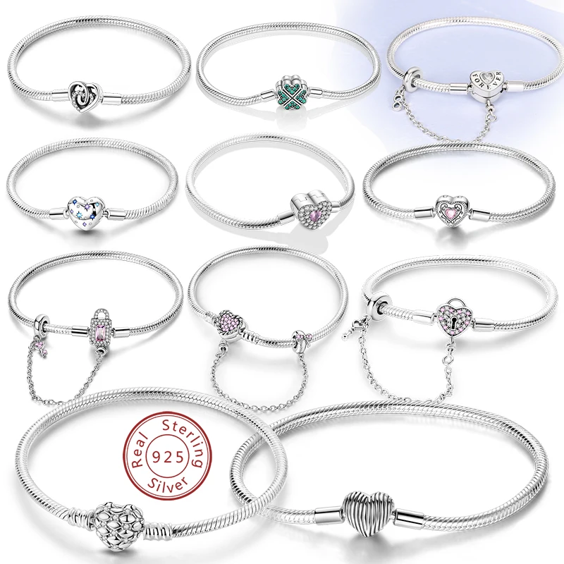 Pulsera Original de Plata de Ley 925, pulsera con dijes de 17-20CM, pulsera de circonia pavimentada con corazón de amor para mujer, regalos de joyería DIY