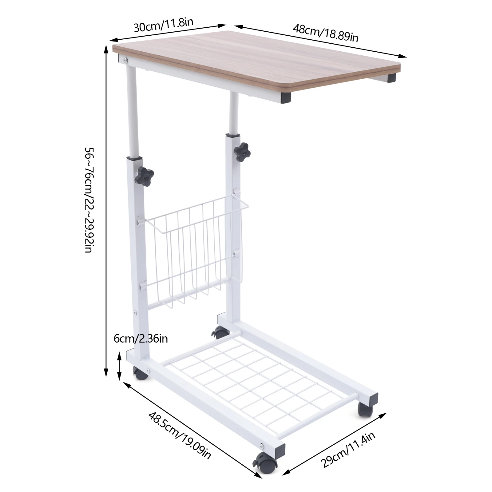 Versatile Adjustable Side Table: Height-Adjustable, Rolling Wheels, and Storage Basket for Home, Office, or Small Spaces