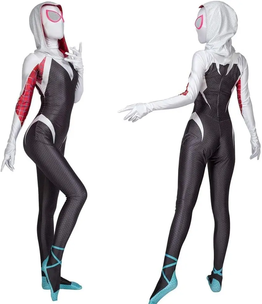 グウェン スパイド コスチューム 子供と大人用 ホワイト スパイダー ガール マスク 3D スタイル ハロウィン コスチューム コスプレ スーツ ボディ ジャンプスーツ