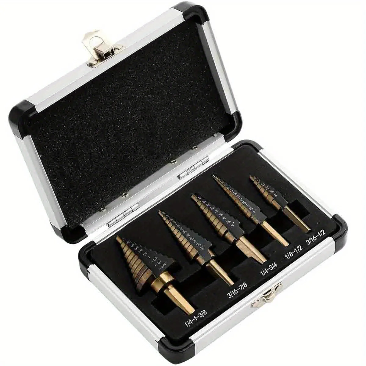 5-piece HSS cobalt stepped drill bit kit, porous 50 size cobalt titanium conical drill bit core, aluminum shell