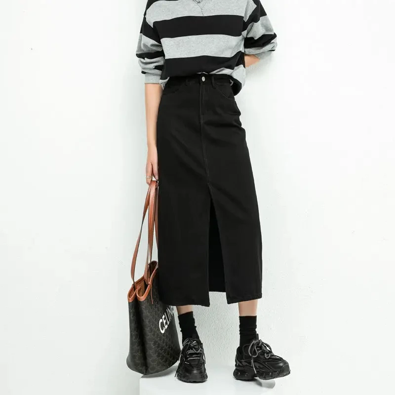 Gonna di jeans divisa per le donne gonna a trapezio allentata a vita alta gonne nere eleganti coreane 2024 gonne di media lunghezza di moda primaverile