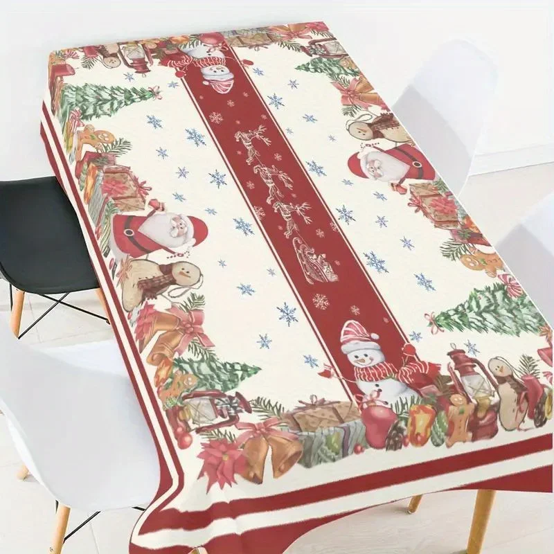 Mantel rectangular impermeable con temática navideña, decoración de Fiesta de Navidad, decoración de mesa de comedor reutilizable, decoraciones navideñas