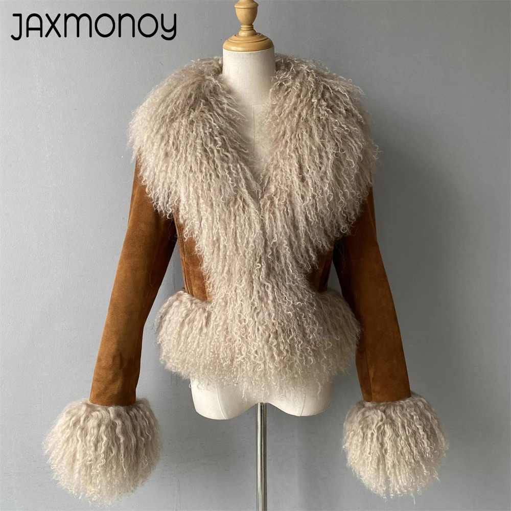 Jaxmonoy จริงหนังสําหรับผู้หญิงแกะมองโกเลียแท้ขนสัตว์ Trim Suede แจ็คเก็ตหนังฤดูหนาวแฟชั่นขนสัตว์เสื้อฤดูใบไม้ร่วง