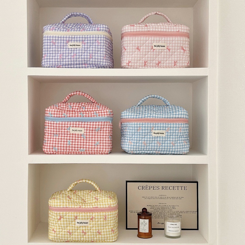 Borsa per il trucco in cotone con fiocco carino Borsa per cosmetici con cerniera da donna Borsa in stoffa femminile a forma di scatola Custodia da toilette portatile per ragazze
