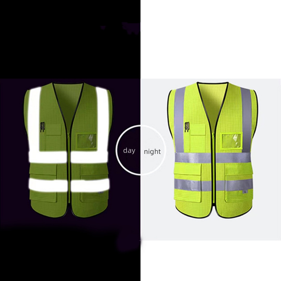 Grid Summer Reflective Safety Vest High Visibility Night Work Security Sleeveless Construction Workwear Zipper Pockets Adults