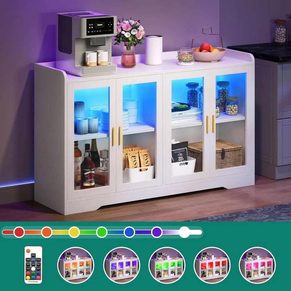 Home Bar Cabinet w/LED Light,  55'' Liquor Cabinet with 4 Doors,  Coffee Bar Cabinet with Adjustable Shelves