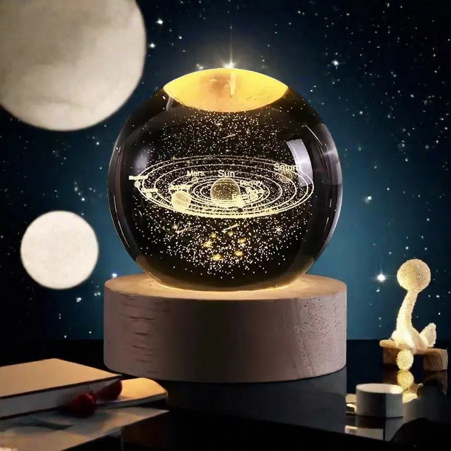 Pequeña bola de cristal del sistema solar 3D con base LED, luz nocturna para la decoración del hogar, regalo para los amantes de la astronomía