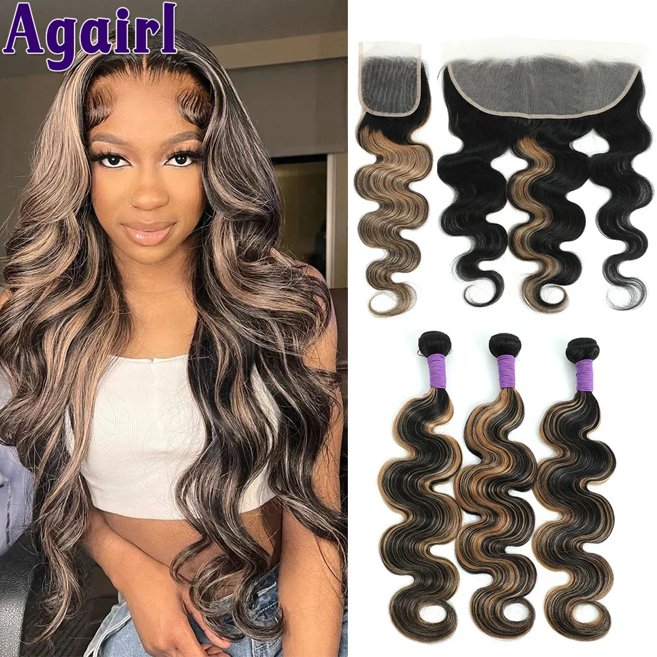 Pacotes de onda do corpo loiro com fechamento frontal, cabelo humano brasileiro, 13x4 Lace Frontal, 1B/27 Highlights