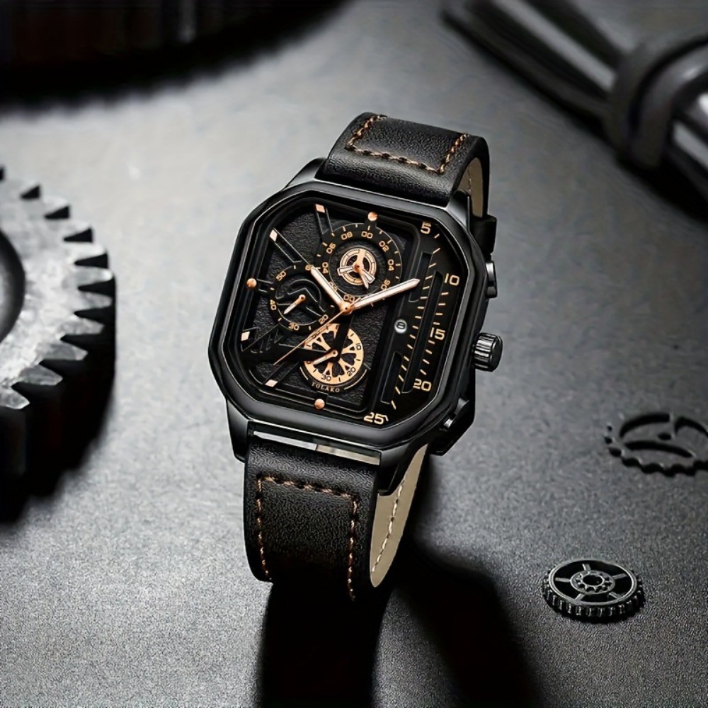 Montre carrée de luxe à grand cadran pour hommes, bracelet en cuir PU décontracté, montres de sport pour hommes