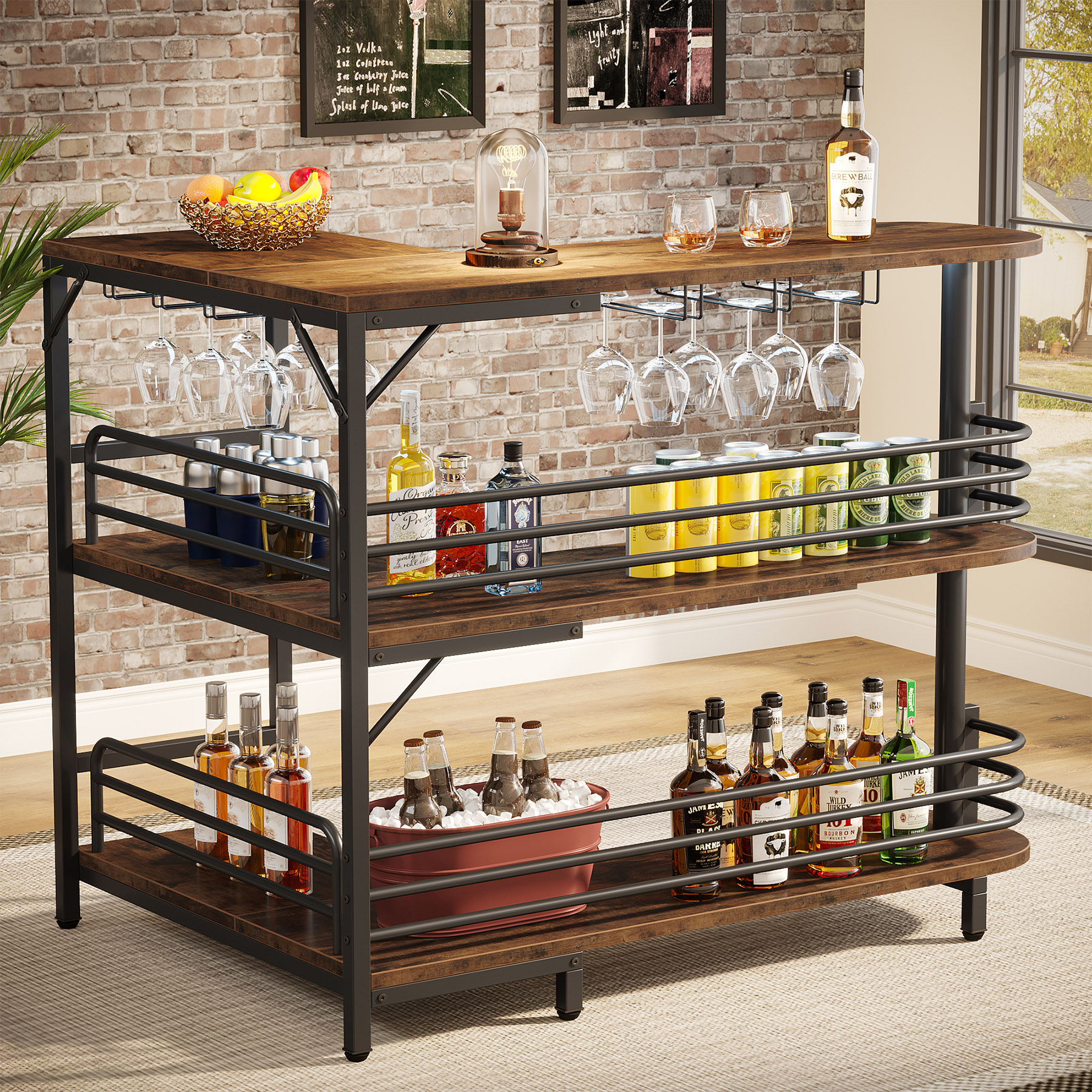 Tribesigns-Unité de bar à la maison en forme de L, table de bar française à 3 niveaux avec étagères de rangement et porte-verres à vin