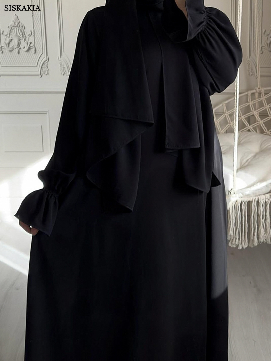 Siskakia sólido modesto Abaya mujer musulmana vestidos de Dubái con pañuelo para la cabeza manga acampanada ropa Casual Islam Dubai bata de oración
