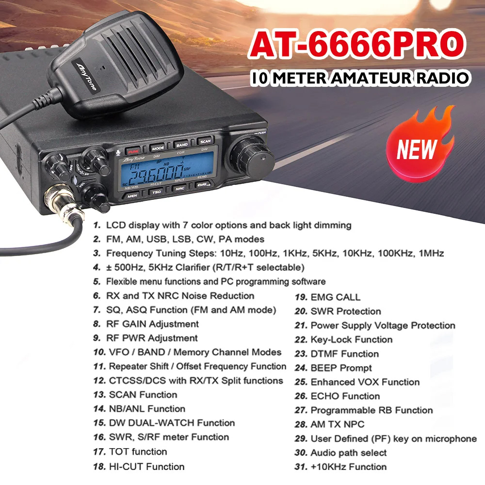 Neues AnyTone AT-6666 Pro 10-Meter-Radio mit hoher Leistung, 80 W/50 W, mobiles Radio, SSB (PEP)/FM/AM/PA/VOX/NRC-Modus, Langstrecken-Funkgerät