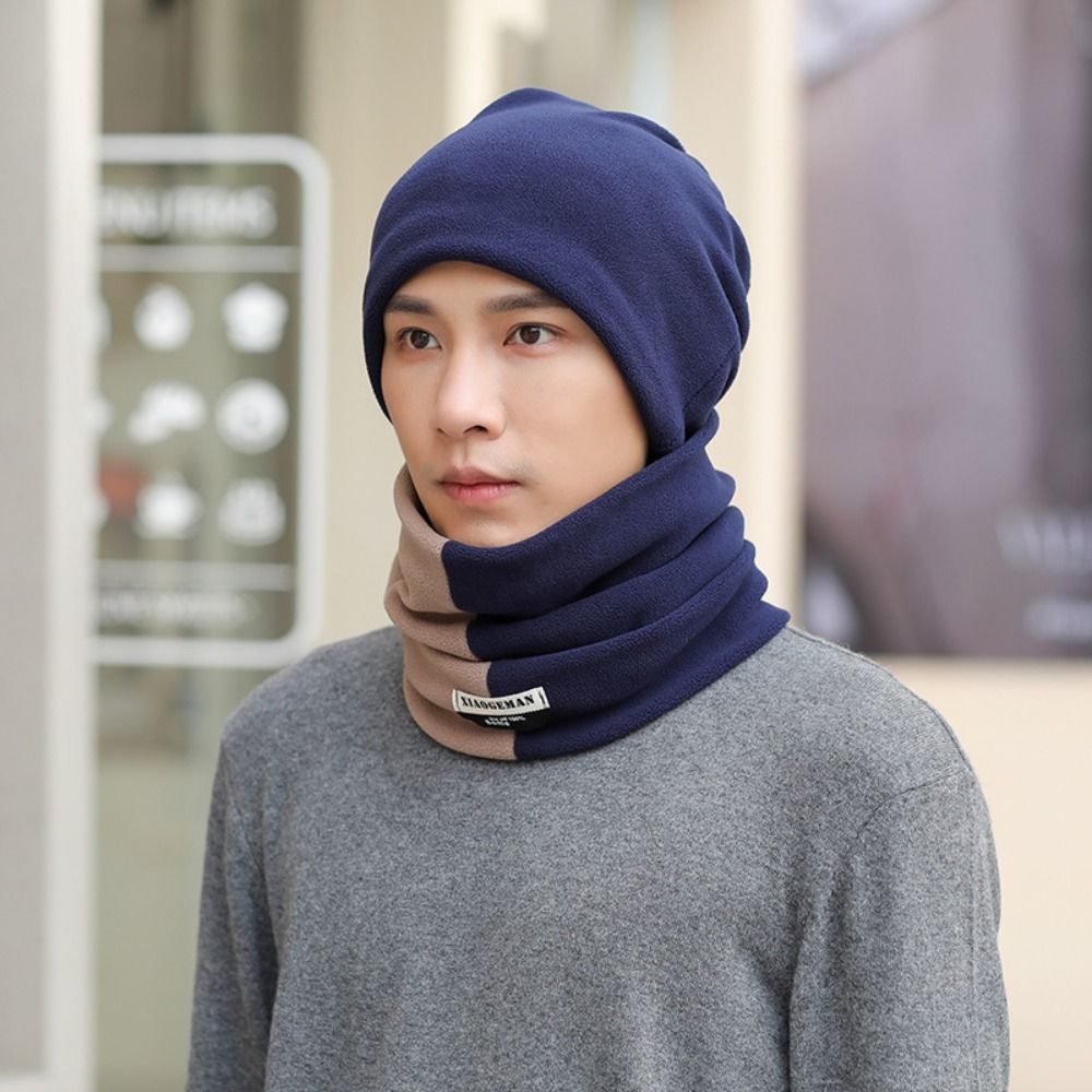 Fashion Thicken Men's Neck Warmer Hat Snood Velvet Scarf Cap Set Neckerchief Warm Pullover Cap Men Hiking