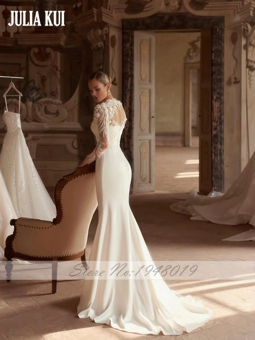Julia Kui Abiti da sposa 2 in 1 su misura Abiti da sposa a tromba con applicazioni di eleganza e pieghe in pizzo