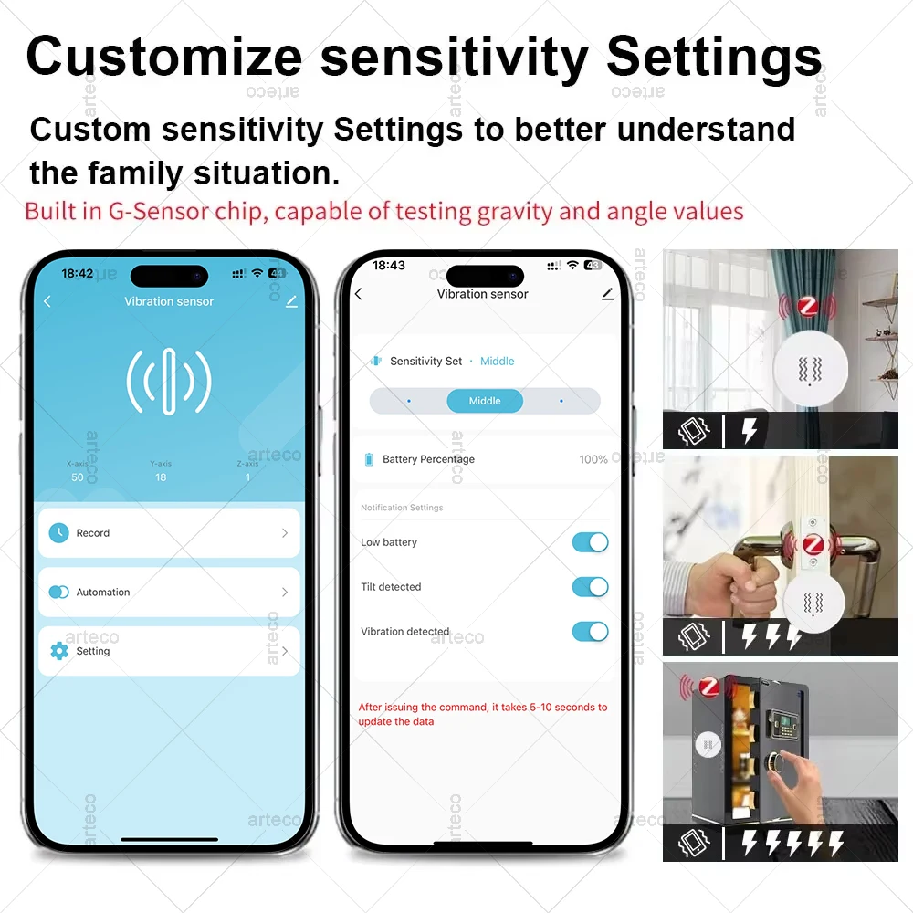Tuya Zigbee-Sensor de vibración inteligente, detección de Sensor de inclinación de choque de movimiento, monitoreo remoto, alarma, sistema de protección de seguridad para el hogar