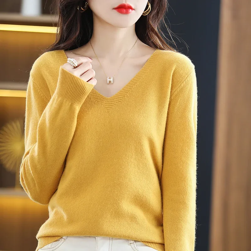 Outono inverno feminino camisola 2025 moda coreana malhas quente manga longa com decote em v pulôveres de malha fino ajuste camisa de fundo jumper