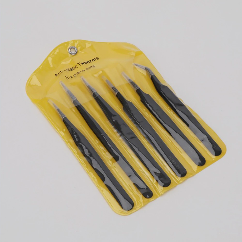 Juego de pinzas de precisión ESD, herramientas de reparación de pinzas antiestáticas de acero inoxidable para reparación electrónica, herramientas artesanales de soldadura, 6 uds.