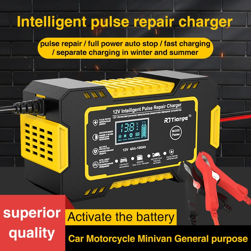 Carregador de bateria de carro 12v 6a, reparo de pulso, display lcd, carga rápida inteligente, agm, ciclo profundo, gel, chumbo-ácido, para motocicleta, automóvel