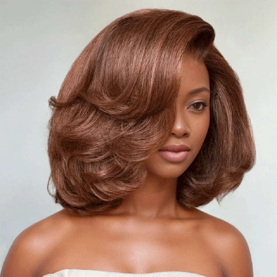 Peruca de Cabelo Humano Brasileira Glueless, 250 Densidade, Chocolate, 9x6, Pronto para Vestir, Caramelo, Marrom, Camada de Corte, Bob Curto, Pré-Corte de Renda