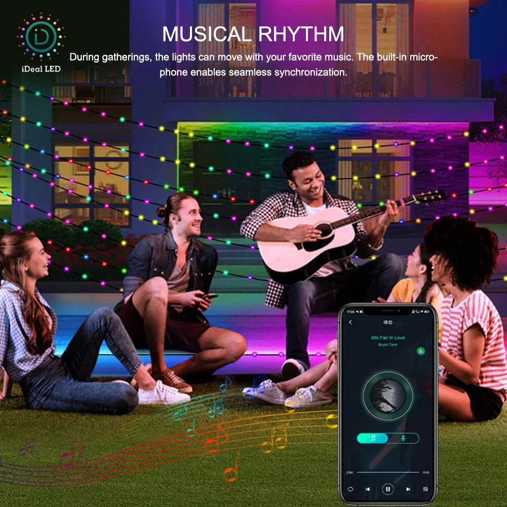 Cadena de luz decorativa navideña LED IP65 impermeable RGB IC Color con Control por aplicación para decoración al aire libre en fiestas navideñas