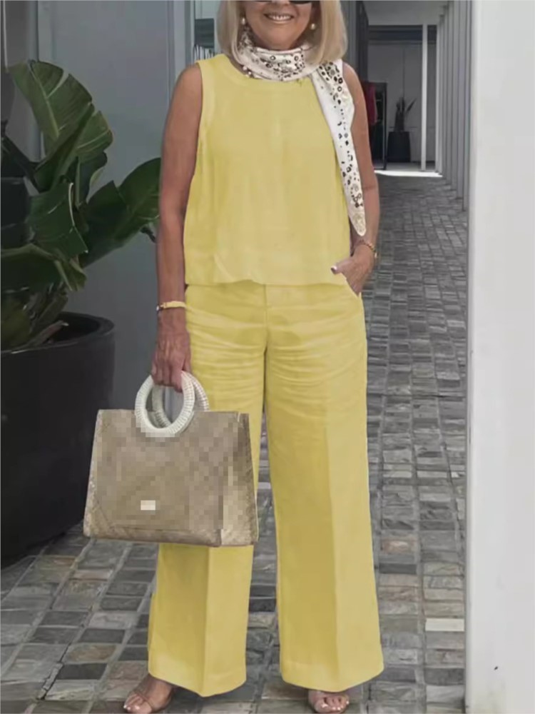 Trajes sencillos de lino y algodón para mujer, blusa holgada sin mangas a la moda de verano, pantalones de pierna ancha, conjunto de dos piezas para mujer, trajes informales