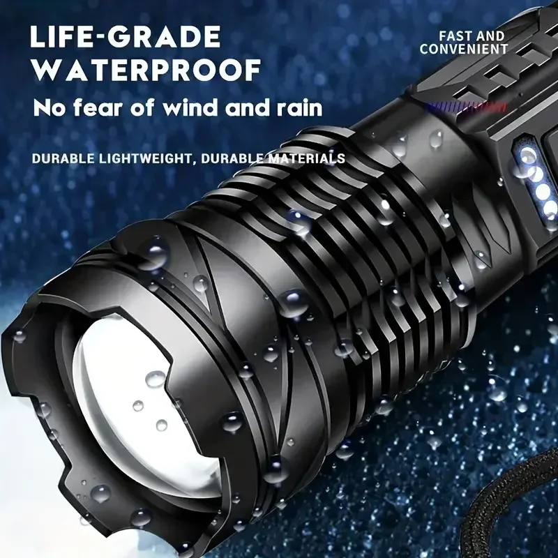 Leistungsstarke XHP50 LED-Taschenlampe, wasserdichte Taschenlampe mit Seitenlicht, 7 Modi, Camping, Angeln, Laterne, Typ C, wiederaufladbare Zoomlampe