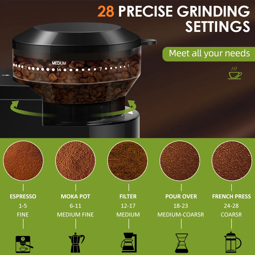 Moedor de café elétrico automático, moinho de rebarbas, moagem de grãos de café com 28 configurações de moagem para espresso, imprensa francesa, 2-12 copos
