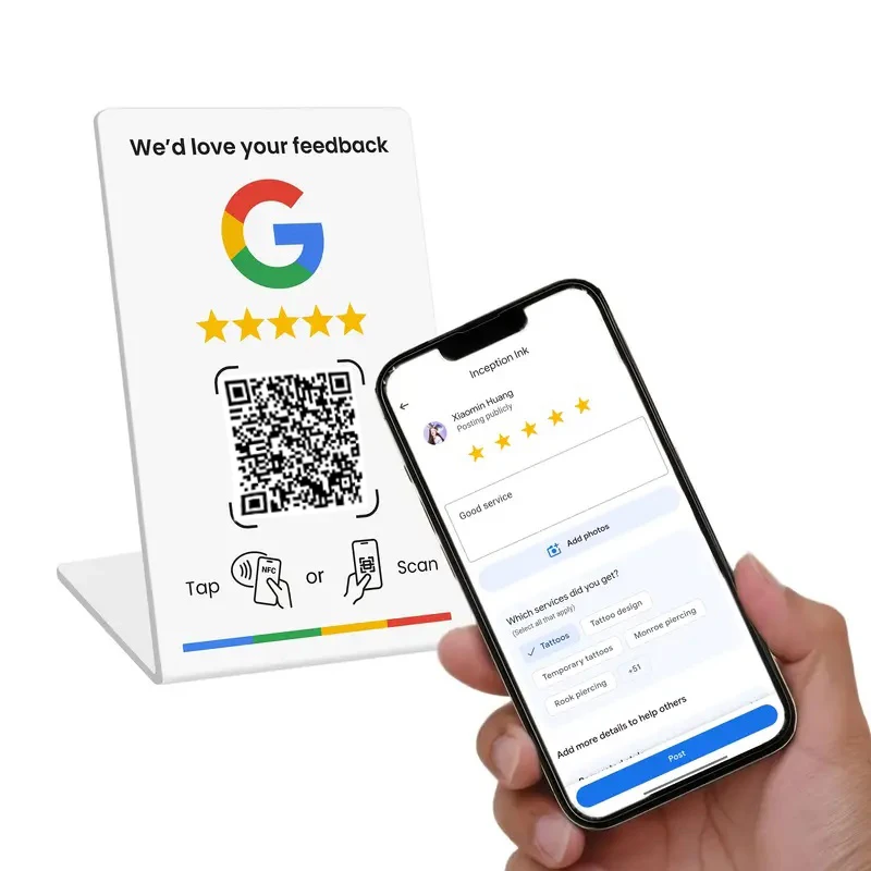 NFC 215, programmeerbare QR-code Google Review Card NFC-stationtabel NFC Google Reviews-display buigkaart staande merkbeugel