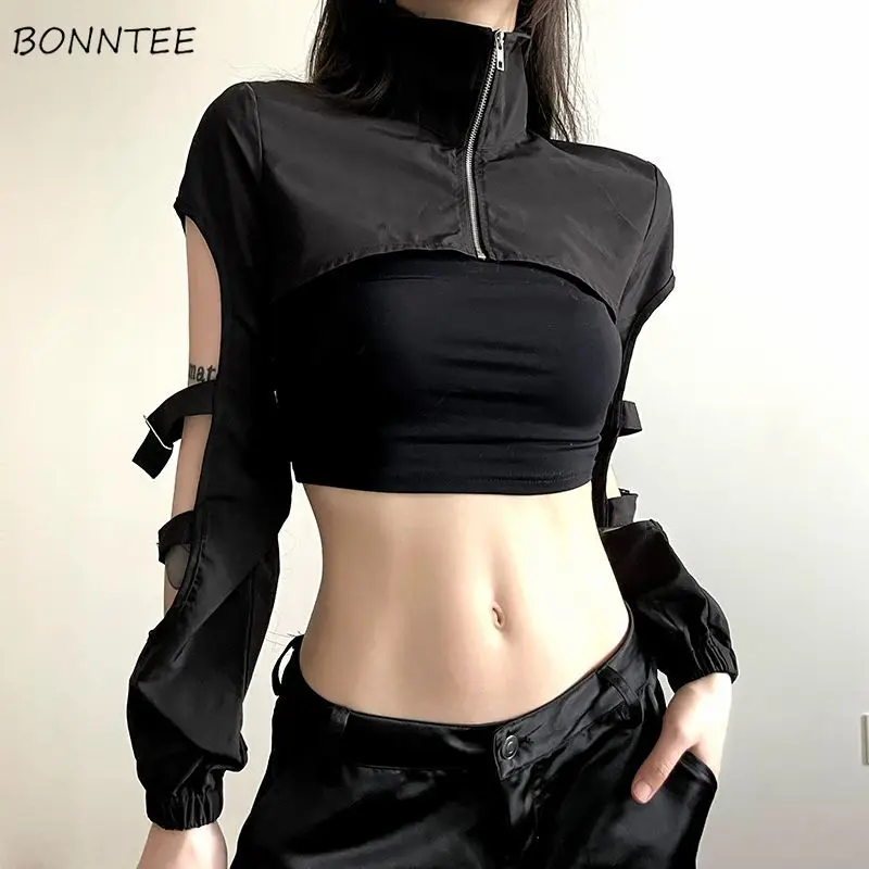 Micro Jacken Frauen Zipper Langarm Gothic Alle-spiel Y2k Aushöhlen Einzigartige Sexy Würzige Mädchen Kühlen Streetwear Sommer mäntel Chic