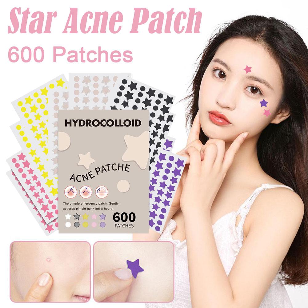 Parches de estrellas para eliminar acné, pegatinas invisibles de colores para el cuidado de la piel, corrector de manchas faciales, herramientas de maquillaje de belleza, 600 piezas