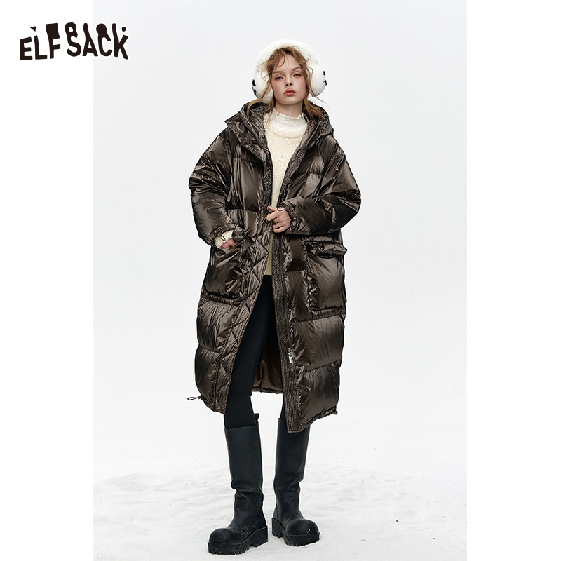 ELFSACK-Doudoune longue à capuche avec poches à cordon pour femme, nouveautés, hiver 2024