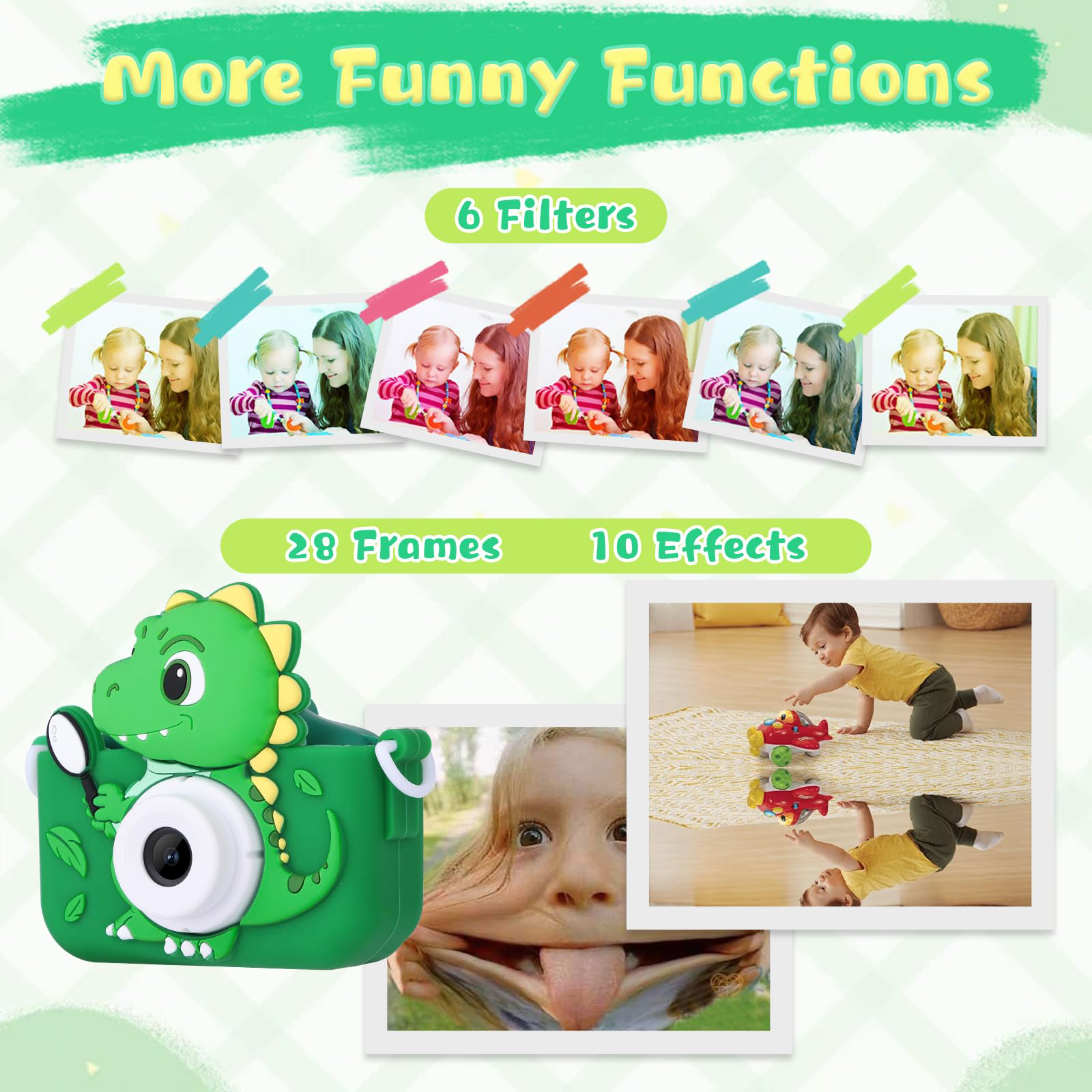 Câmeras de brinquedo infantis de dinossauro, câmera de vídeo hd 1080p, câmera dupla de 48mp com capa protetora de silicone, cartão de 32gb, presente de aniversário para meninos e meninas