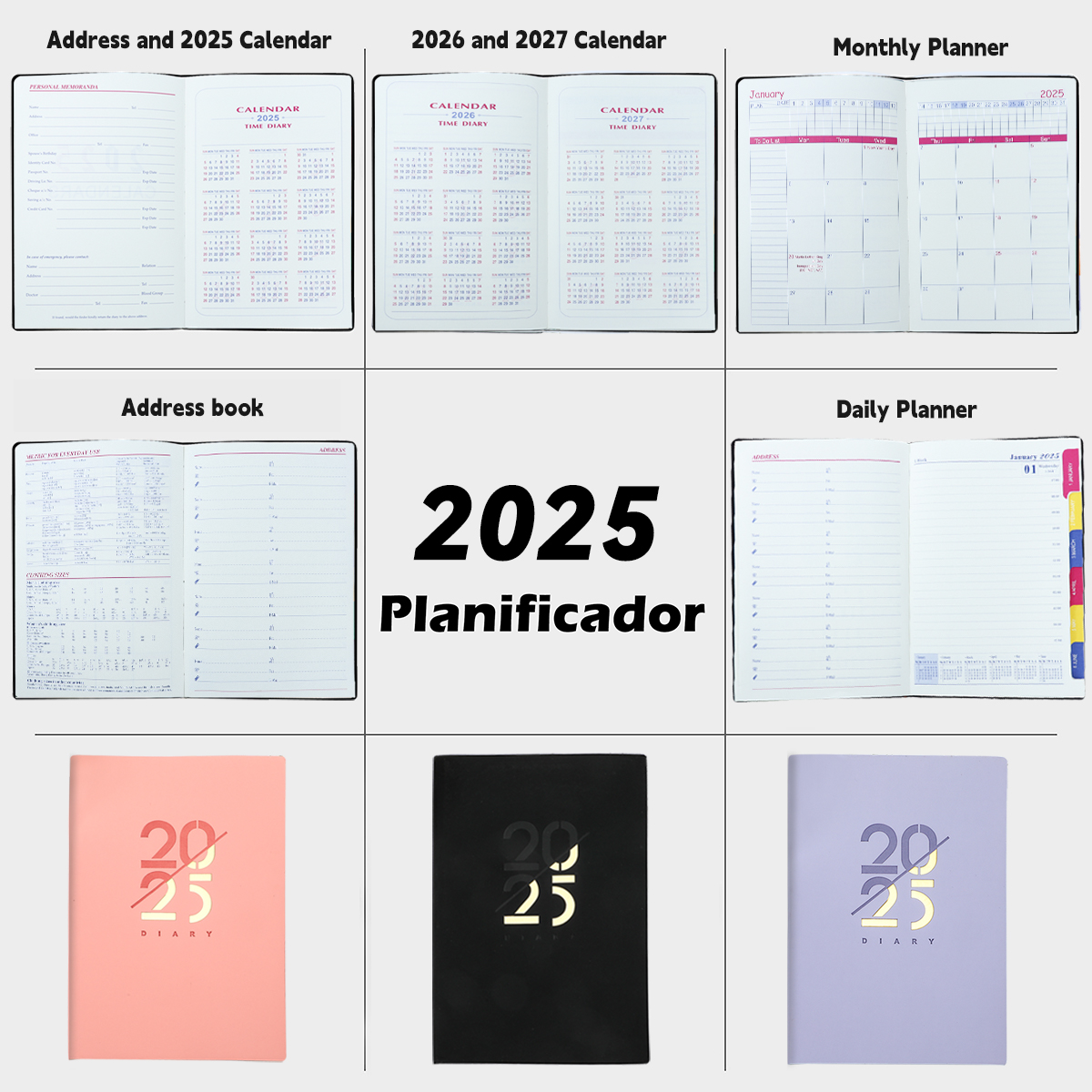 2025 Jan-Dec Planner Spanish/English Language Notebook A5 PU Leather Cover School Agenda Plan Weekly Monthly Diary Organizer
