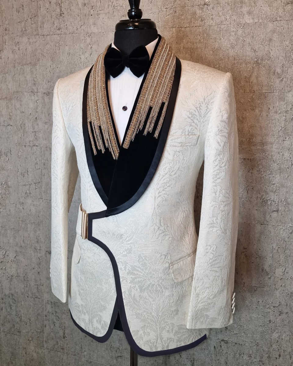 Tuxedos de mariage à la mode avec boucle en perles Jacquard pour hommes, costumes châle à revers, ensemble 1 pièce, veste, beaux blazers de marié personnalisés