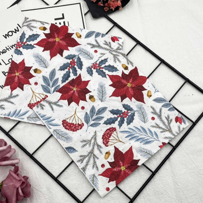 Servilletas de papel con estampado colorido 20 piezas/Pac, manteles individuales desechables de 2 capas con flores de Navidad, pulpa de madera para fiesta